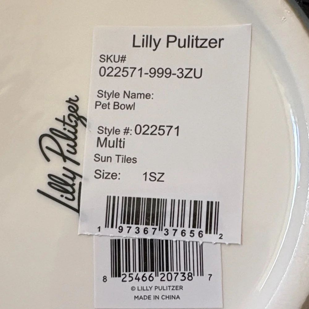 Lilly Pulitzer Pet White Ceramic Bowl with Yellow Sun Motif